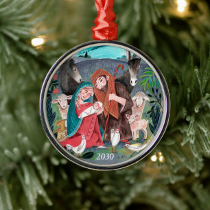 Julillustration med religiös julkrubba julgransprydnad metall