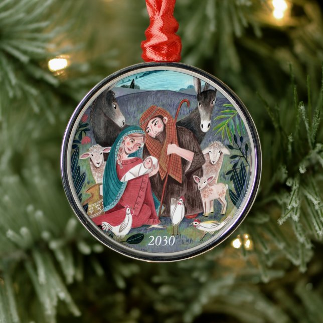 Julillustration med religiös julkrubba julgransprydnad metall (Träd)