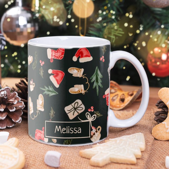 Julillustration med vattenfärg i grönten mönster kaffemugg (Skapare uppladdad)