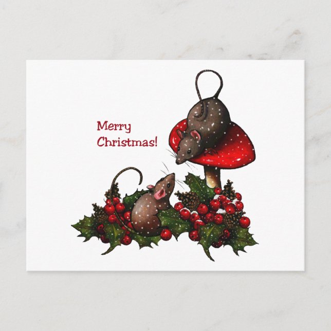 Julillustration: Mice, Toadstool, Holly. Helg Vykort (Framsida)