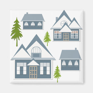 Julillustration vinterhus träd grått med magnet