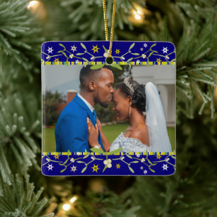 Julimmistel blå fotoornament julgransprydnad keramik