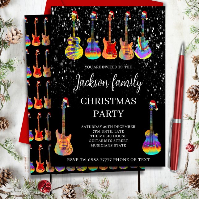 Julinbjudan med gitarrtema inbjudningar (Music themed family christmas party invitation cool colorful rock and roll guitars Santa hats & snow)
