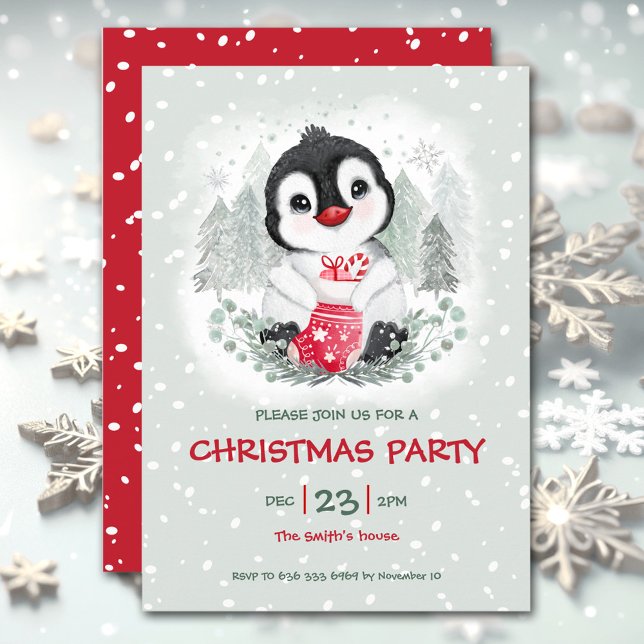 Julinbjudan till Cute Penguin Snö Ice Red Inbjudningar (Cute Penguin Snow Ice Red Christmas Invitation)
