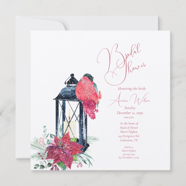 Julinbjudan till Lantern Poinsettia Evergreens Inbjudningar (Framsida)