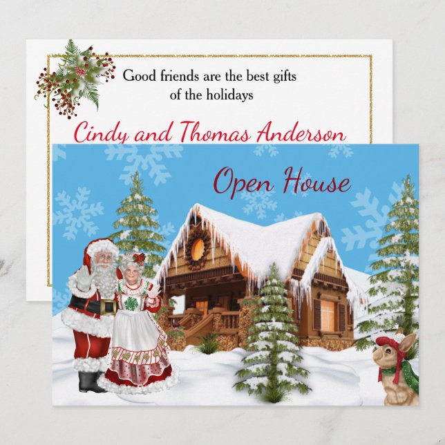 Julinbjudan till öppet hus med Jultomten Inbjudningar (Fram/baksida)