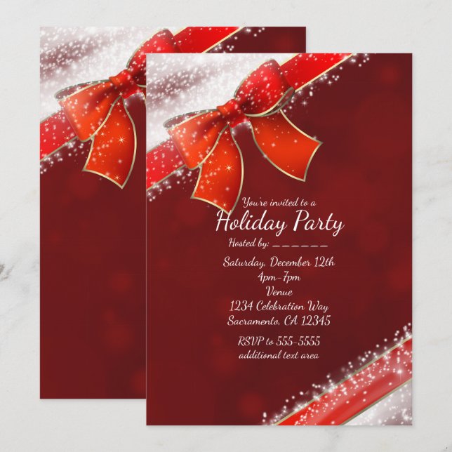 Julinbjudan till Red Bow & Sparkles - Helgdag Inbjudningar (Fram/baksida)