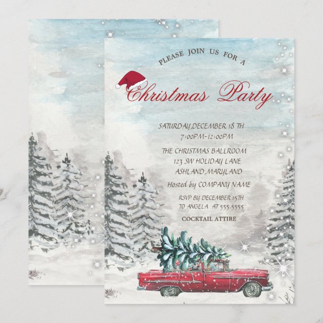 Julinbjudan till skogarna Red Lastbil Gräs i Träd Inbjudningar (Fram/baksida)