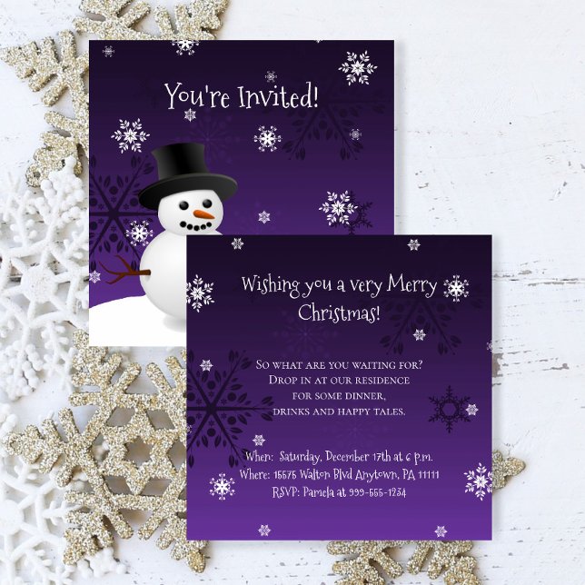 Julinbjudan till sommaruppehållet i lila Snögubbe Inbjudningar (Purple Snowman Winter Scene Christmas Party Invitation)