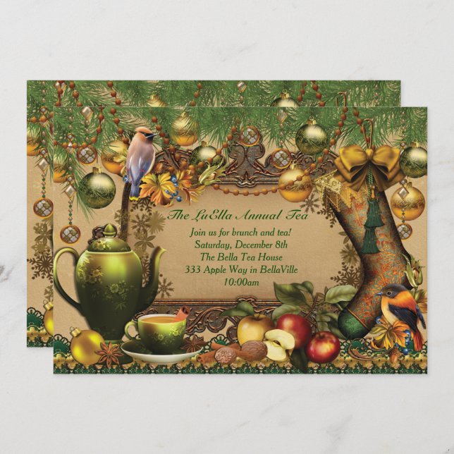 Julinbjudan till Tea Party-Helgdag Inbjudningar (Fram/baksida)