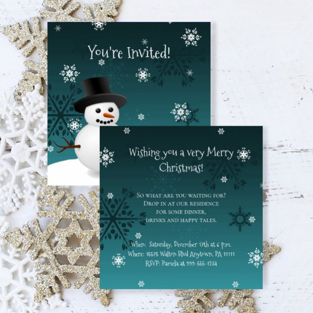 Julinbjudan till Teal Snögubbe Winter Scene Inbjudningar (Teal Snowman Winter Scene Christmas Party Invitation)