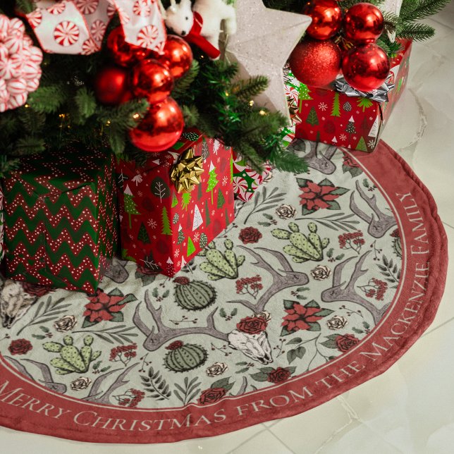 Juljul, Blommigt Hjort Skull Antlers Julgransmatta Borstad Polyester (Custom Southwestern Christmas Tree Skirt. Chic Deer Skull, Antlers, Red Roses, Cacti & Poinsettias.)