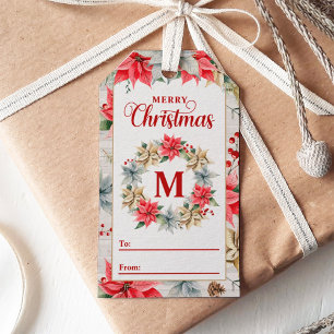 Juljul för jordbrukshus Poinsettia Rustic Monogram Presentetikett