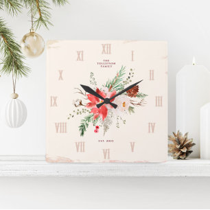 Juljul, vinter Poinsettia Rustic Fyrkantig Klocka
