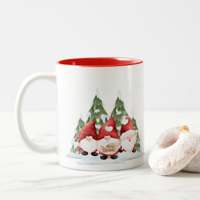 Julkaffekopp med tre tomtar Två-Tonad mugg (Med munk)