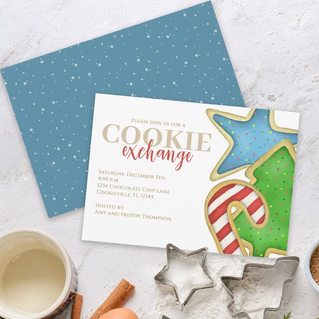 Julkakor Finurlig Söt Helgdag Rolig Inbjudningar (Christmas whimsical colorful cookie cutout invitation with watercolor cute cookies. )