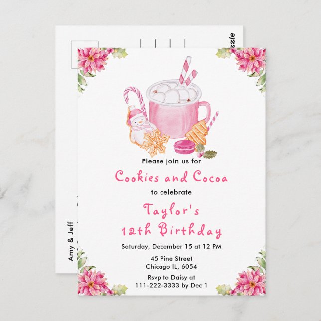 Julkakor och Rosa av Födelsedagsfesten för kakao Vykort (Fram/baksida)