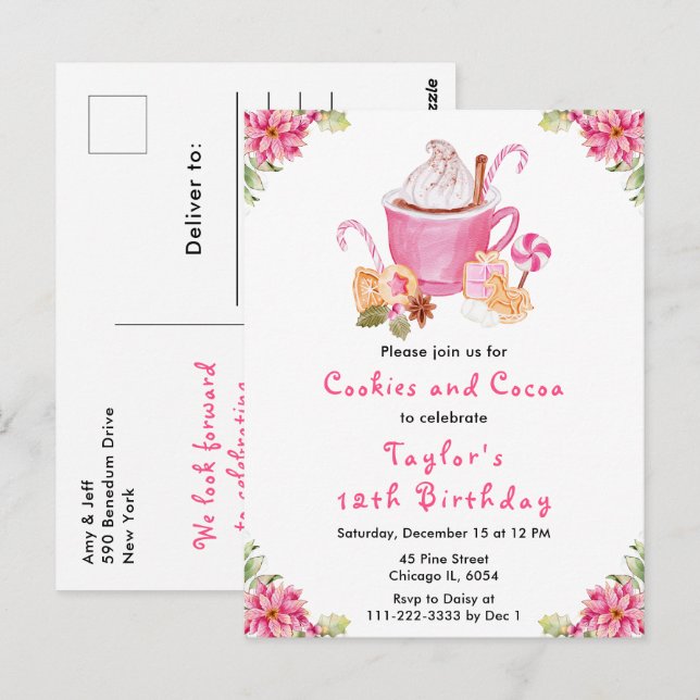 Julkakor och Rosa av Födelsedagsfesten för kakao Vykort (Fram/baksida)