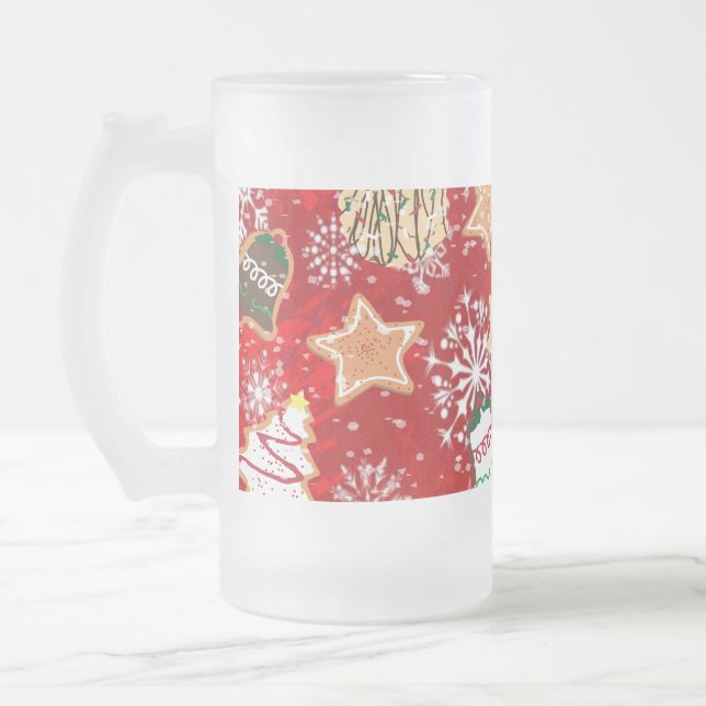 Julkakor och Snöflingor på Röda Frostat Ölglas (Vänster)