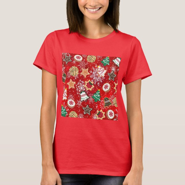 Julkakor och Snöflingor på Röda T Shirt (Framsida)