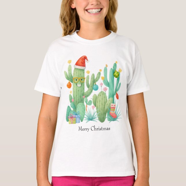 Julkaktus med Santa Hat och Ornament T Shirt (Framsida)
