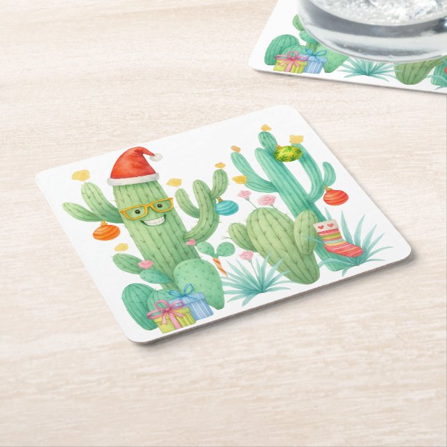 Julkaktus med Santa Hat och Ornament Underlägg Papper Kvadrat (Vinklad)