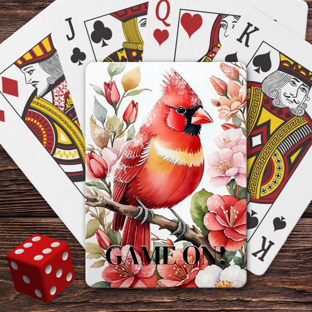 Julkardinal i Snö Casinokort (Deck of playing cards featuring a painting of a Christmas cardinal with snow sprinkles.)