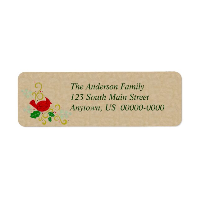 Julkardinal på parchment returadress etikett (Framsidan)