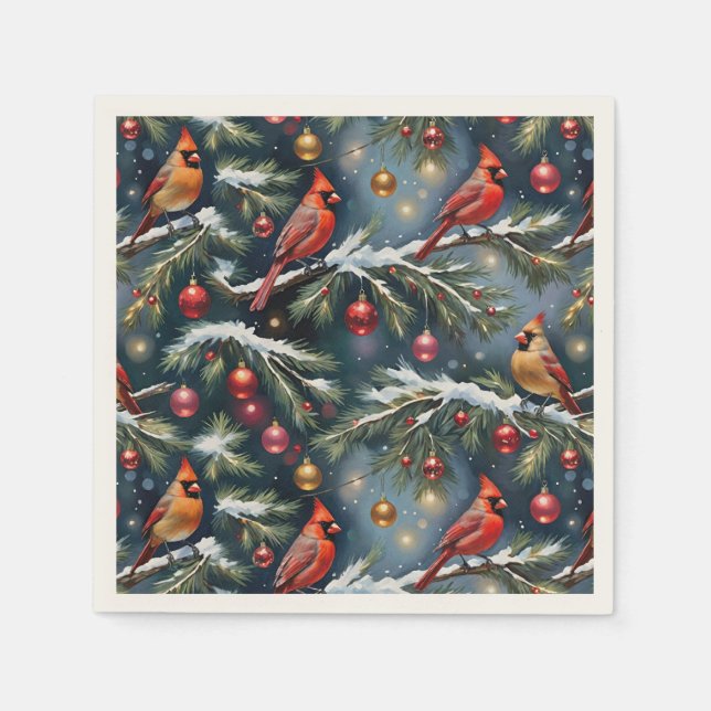 Julkardinaler på Snöj Grenar och prydnadsföremål Pappersservett (Framsidan)