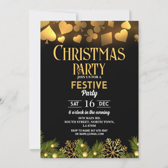 Julkasino Spelkort Guld Svart Festlig Inbjudningar (Framsida)