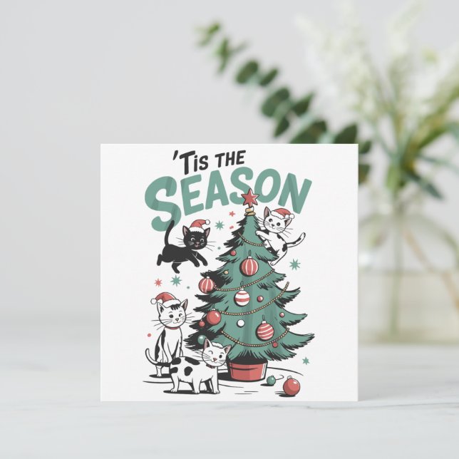 Julkat Retro Det Är Årstiden För Meowy Catmas  Julkort (Stående Fram)