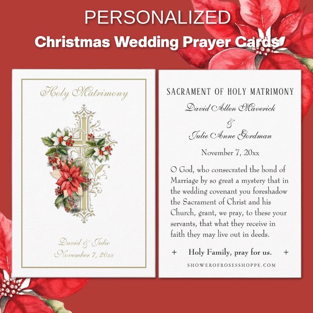 Julkatolsk bröllopspresent Heligt kort (Traditional Catholic Gold Cross Poinsettia Christmas prayer cards)