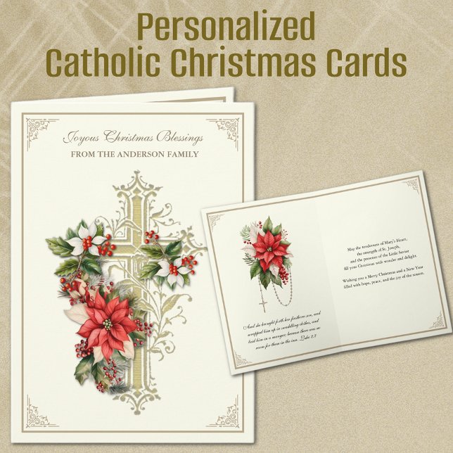 Julkatolska Guld Kor Poinsettias Helgkort (Personalized Catholic Christmas Cards with Gold Cross and Poinsettia Flowers)