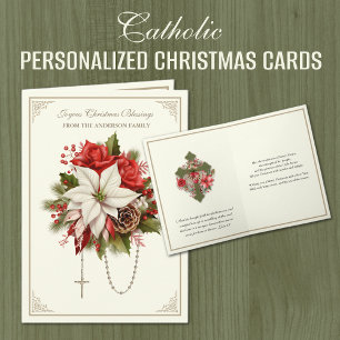 Julkatolska Rosary Mary Heart Poinsettias Helgkort