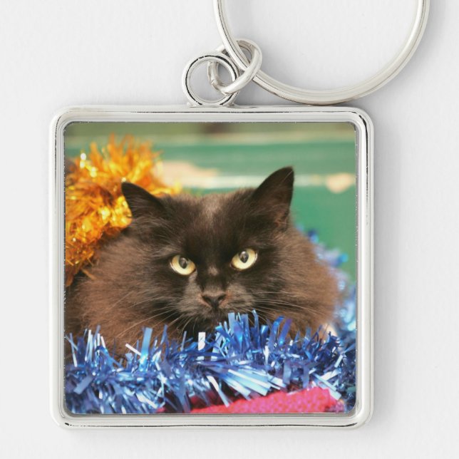 Julkatt Fyrkantig Silverfärgad Nyckelring (Framsidan)