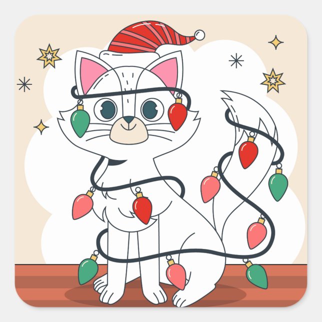 Julkatt Fyrkantigt Klistermärke (Illustration of a white cat wearing a red and white striped Santa hat!)