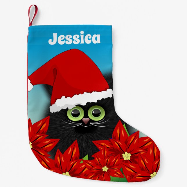Julkatt i Personligen Santa Hat Poinsettia Liten Julstrumpa (Framsidan)