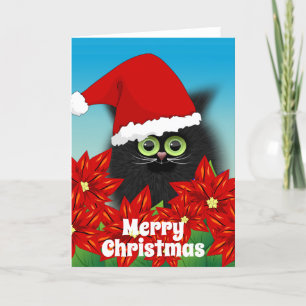 Julkatt i Santa Hat Amid Poinsettia Helgkort