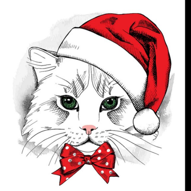 Julkatt Keps (illustration of a white cat wearing a red Santa hat and a red bow tie with white polka dots.)