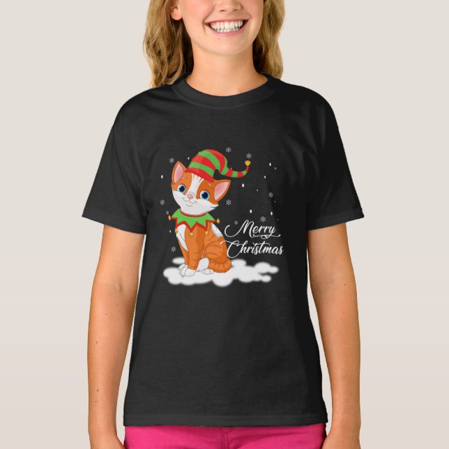 Julkatt med Elf Hat Funny Gift T Shirt (Framsida)