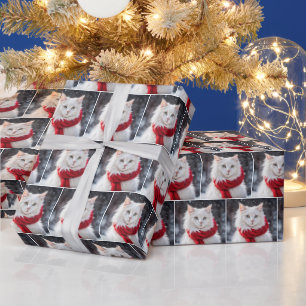 Julkatt med röd scarf presentpapper