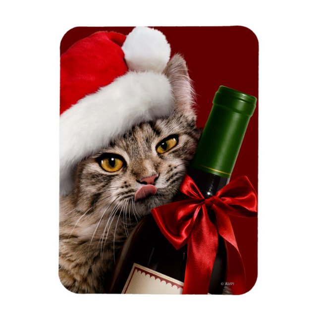 Julkatt med Vin Flaska Magnet (Vertikal)