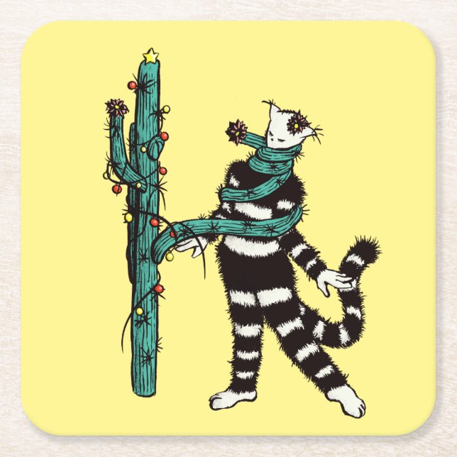 Julkatt och kaktus Konstig Julafton Underlägg Papper Kvadrat (Framsidan)