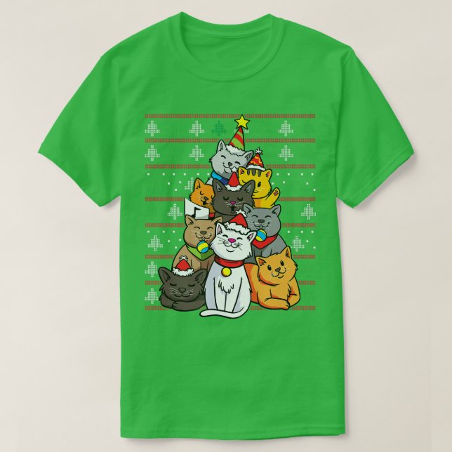 Julkatt Träd Cats Julafton Helgdag Funny Katt före T Shirt (Design framsida)