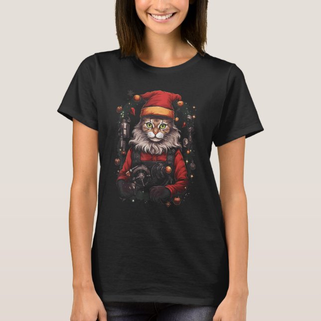 Julkatte Xmas Tomte Kostym Rolig Katt D T Shirt (Framsida)