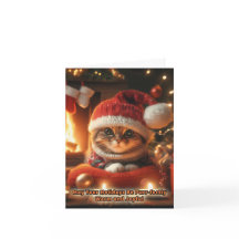 Julkatten framför brasan julkort