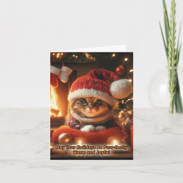 Julkatten framför eldgreetingskort helgkort (Framsida)