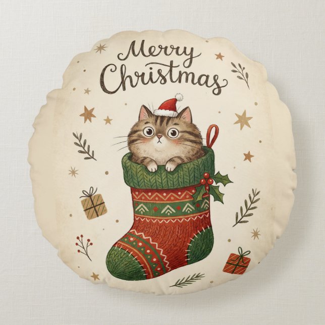 Julkatten i julstrumpa rund kudde (Framsidan)