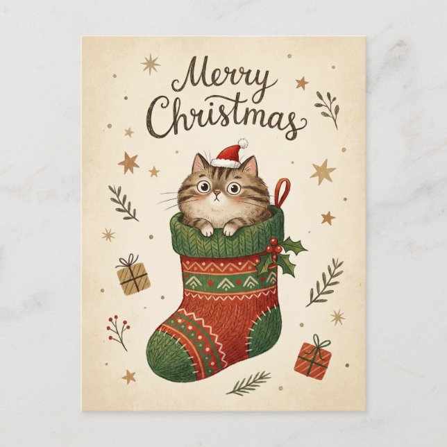 Julkatten i julstrumpa vykort (Framsida)