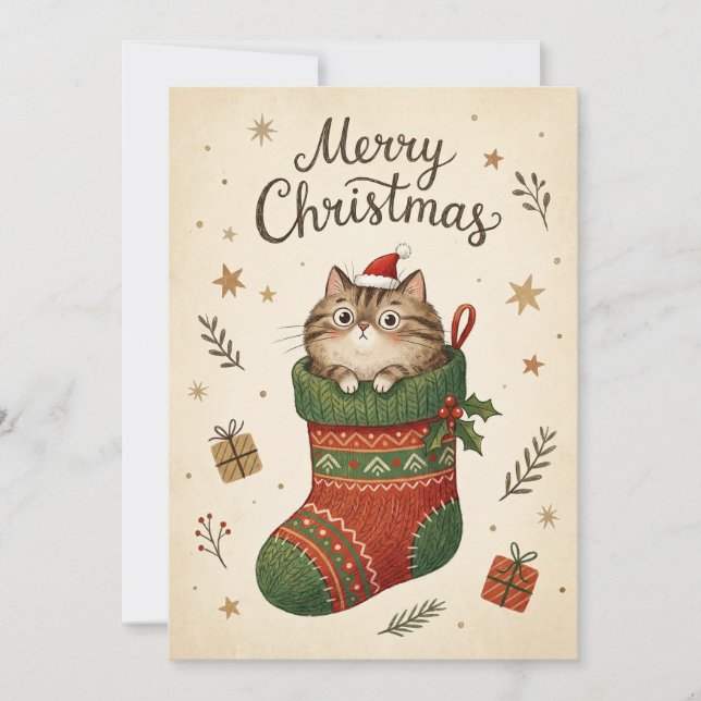 Julkatten i strumpa julkort (Framsida)